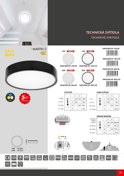 Ecolite LED stropní svítidlo HF pohybový senzor 15W CCT 1650lm IP65 bílá WMAT300/HF-15W/BI