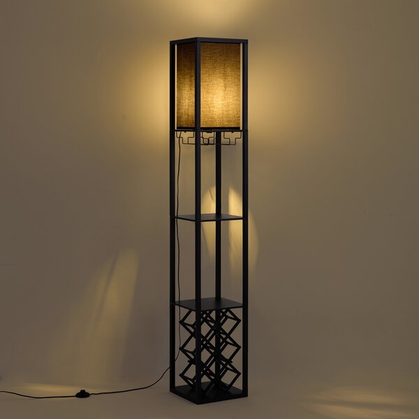Moderní stojací lampa černá s látkovým stínidlem a stojanem na víno - Stojan Wine