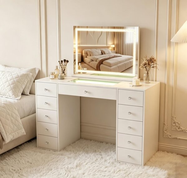 VANITII Kosmetický stolek se zrcadlem, LED osvětlením, Bluetooth, 11 zásuvkami, bílý, rozměry 130 x 55 x 139 cm