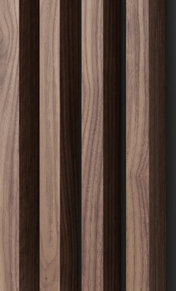 Akustický panel, podklad MDF deska, široká lamela, dýha Americký ořech, 30x275 cm