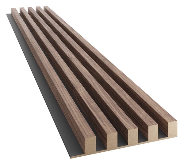 Akustický panel, podklad MDF deska, široká lamela, dýha Americký ořech, 30x275 cm
