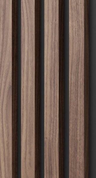 Akustický panel, podklad černá MDF deska, úzká lamela, dýha Americký ořech, 30x275 cm