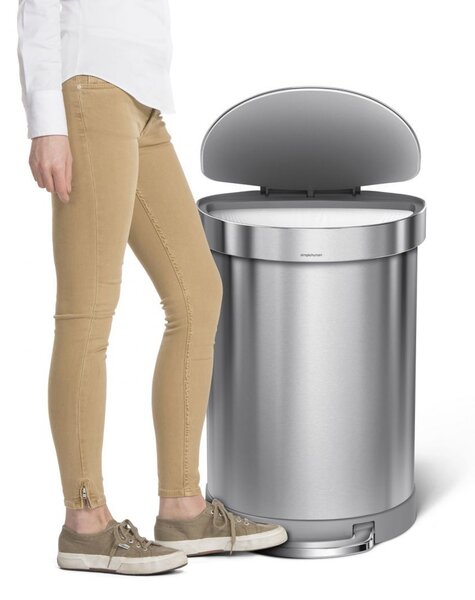 Pedálový odpadkový koš Simplehuman – 60 l, půlkulatý, kartáčovaná ocel, FPP, rám na sáčky