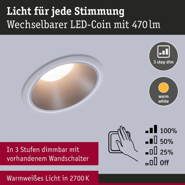 Paulmann 93410 Cole Coin, set bodovek v bílo-stříbrné úpravě, 3x6W LED 2700K tříkrokové stmívání, prům. 8,8cm, IP44