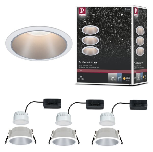 Paulmann 93410 Cole Coin, set bodovek v bílo-stříbrné úpravě, 3x6W LED 2700K tříkrokové stmívání, prům. 8,8cm, IP44