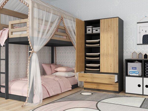 Šatní skříň 90 cm s šuplíky TAAVI - dub artisan / antracitová