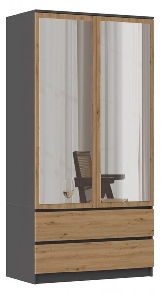 Šatní skříň 90 cm se zrcadlem TAAVI - dub artisan / antracitová