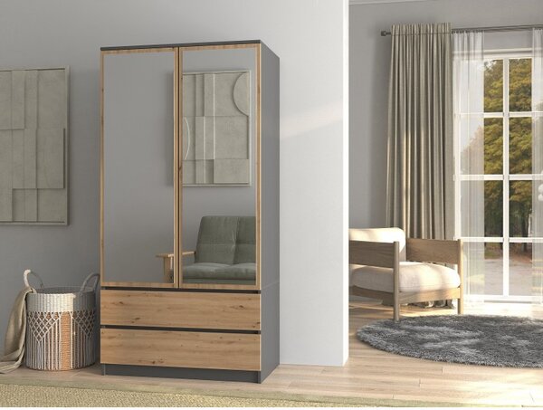 Šatní skříň 90 cm se zrcadlem TAAVI - dub artisan / antracitová