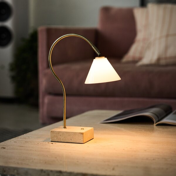 Halo Design Mosazná nabíjecí stolní LED lampa Question 31 cm s travertinovou podstavou
