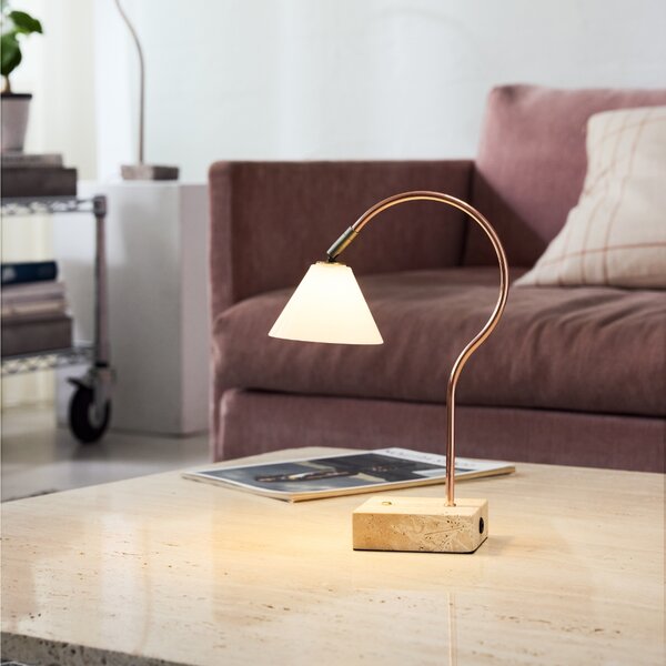 Halo Design Měděná nabíjecí stolní LED lampa Question 31 cm s travertinovou podstavou