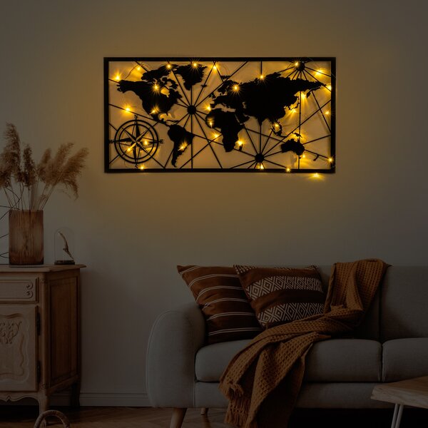 Wallity Nástěnná kovová dekorace World Map Led 452 černá