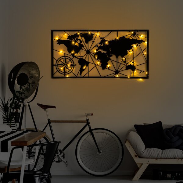 Wallity Nástěnná kovová dekorace World Map Led 452 černá