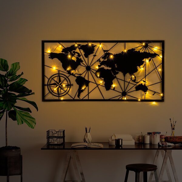Wallity Nástěnná kovová dekorace World Map Led 452 černá