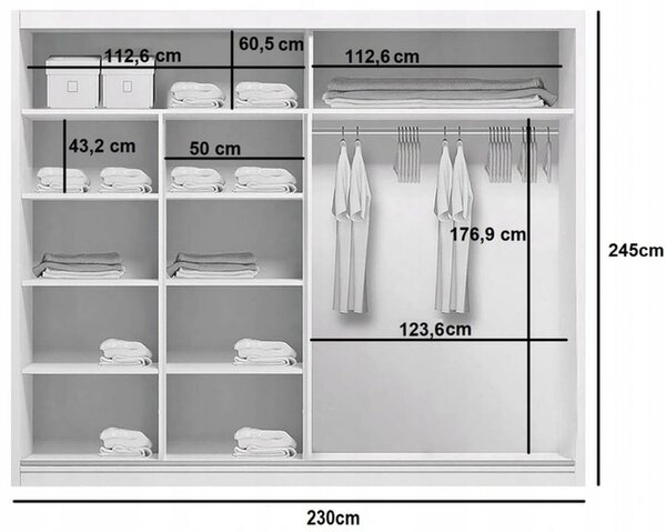 Prostorná šatní skříň AMADEO, šířka 230 cm, výška 245 cm