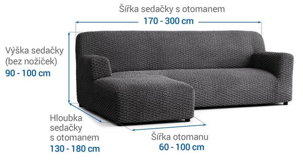 Bielastické potahy MOSAICO tmavě šedé sedačka s otomanem vlevo (š. 170 - 300 cm)