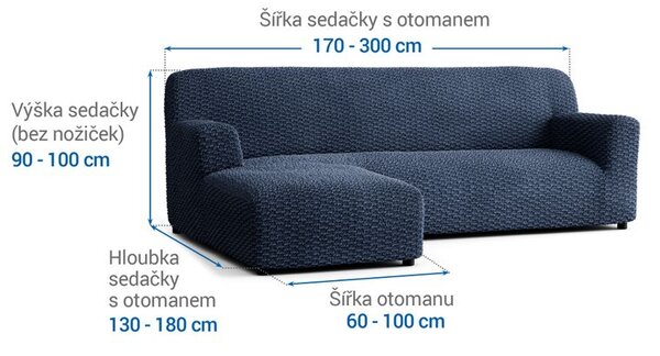 Bielastické potahy MOSAICO modré sedačka s otomanem vlevo (š. 170 - 300 cm)