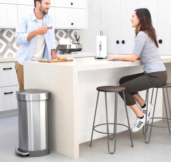 Pedálový odpadkový koš Simplehuman – 45 l, půlkulatý, matná ocel, FPP, rám na sáčky
