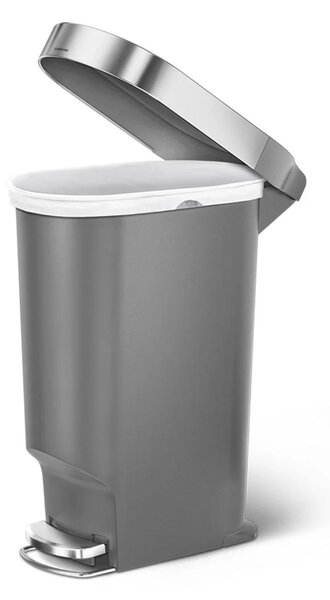 Simplehuman pedálový odpadkový koš, 40 l, šedý plast, úzký, oválný, s nerez krytem sáčku