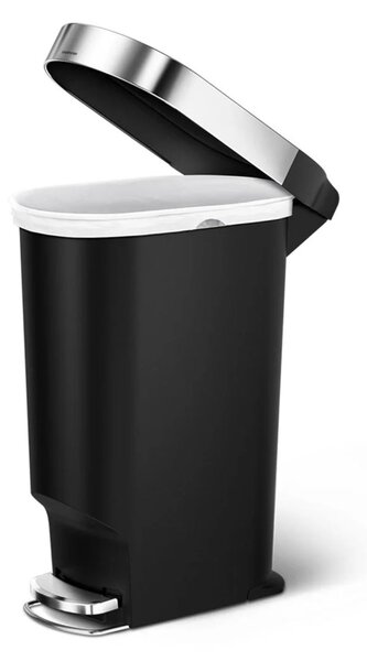 Simplehuman pedálový odpadkový koš, 40 l, černý plast, úzký, oválný, s nerez krytem sáčku