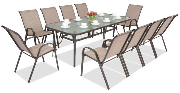 Ocelový jídelní nábytek Modena pro 10 osob s velkým stolem Garden Point hnědý
