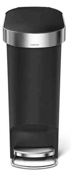 Simplehuman pedálový odpadkový koš, 40 l, černý plast, úzký, oválný, s nerez krytem sáčku
