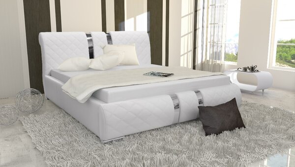 Luxusní čalouněné dvoulůžko LUKA s vysokým čelem a úložným prostorem bílá eko kůže 140x200