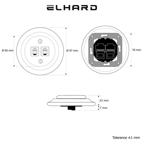 Elhard Kulatá keramická zásuvka 2xRJ45 CAT6, černá KV2034B