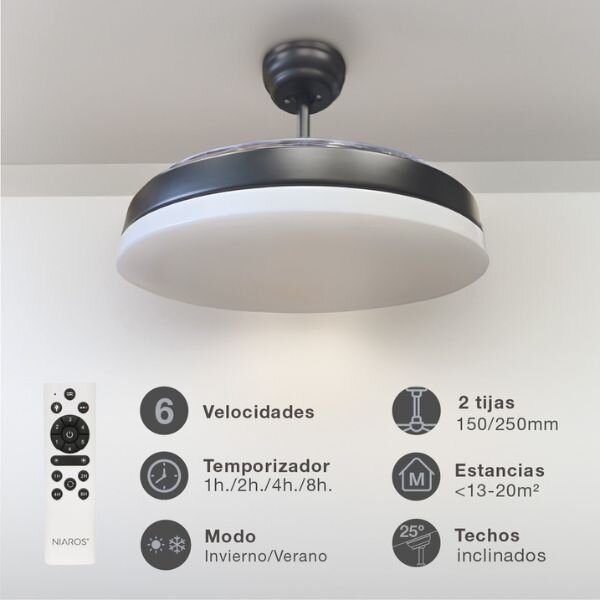 Stropní ventilátor se světlem Tungati 107cm 61W, 1521lm, CCT, DO, černý, 3 roky záruka