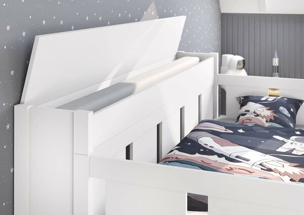 Rozkládací postel BONDI bílá s úložným prostorem a boxem pro matraci, masiv borovice