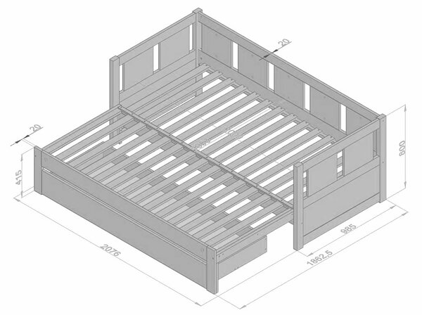 Rozkládací postel BONDI s úložným prostorem, masiv borovice