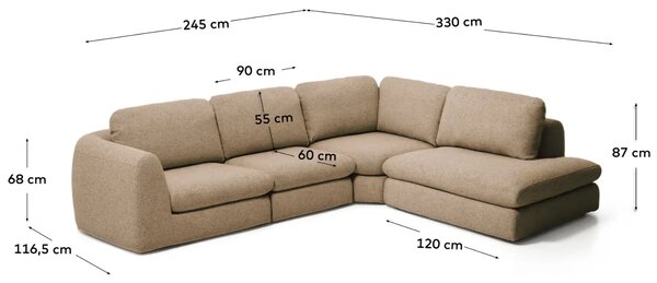 Kave Home Hnědá čalouněná rohová pohovka Vera 330 cm, pravá