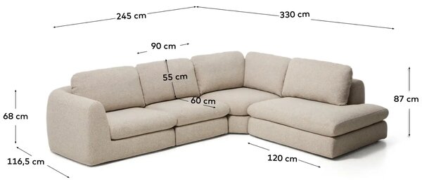 Kave Home Béžová čalouněná rohová pohovka Vera 330 cm, pravá