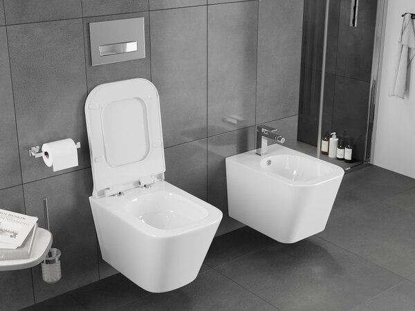 Mexen Teo, závěsná WC mísa 510x345x340 mm, Rimless Tornádo + WC sedátko z duroplastu, bílá lesklá, 30850700T