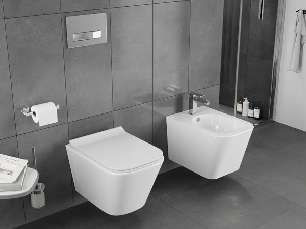 Mexen Teo, závěsná WC mísa 510x345x340 mm, Rimless Tornádo + WC sedátko z duroplastu, bílá lesklá, 30850700T