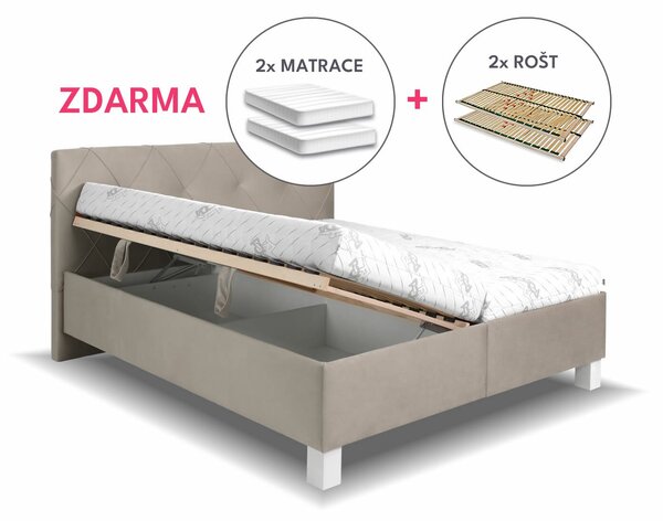Čalouněná postel dvoulůžko Nero, s rošty, matracemi a úložným prostorem