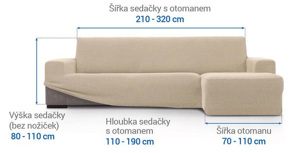 Super strečové potahy HARMONIA smetanová sedačka s otomanem vpravo (š. 210 - 320 cm)