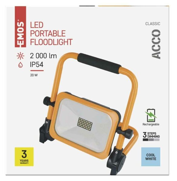 EMOS LED reflektor ACCO nabíjecí, přenosný, 20 W, žlutý, studená bílá ZS2822