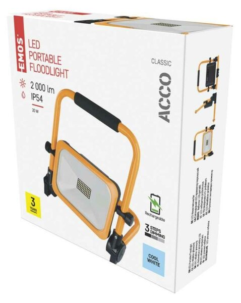 EMOS LED reflektor ACCO nabíjecí, přenosný, 20 W, žlutý, studená bílá ZS2822