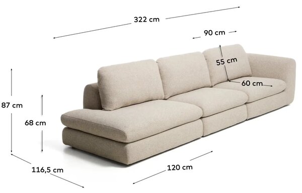 Kave Home Béžová čalouněná čtyřmístná pohovka Vera 325 cm, levá
