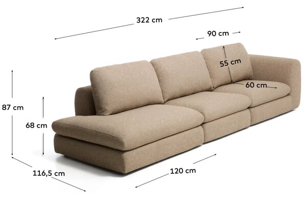 Kave Home Hnědá čalouněná čtyřmístná pohovka Vera 325 cm, levá
