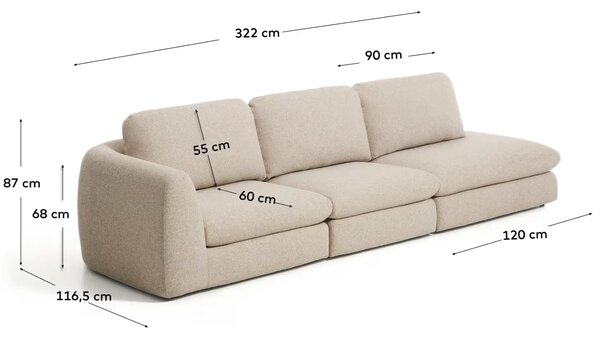Kave Home Béžová čalouněná čtyřmístná pohovka Vera 325 cm, pravá