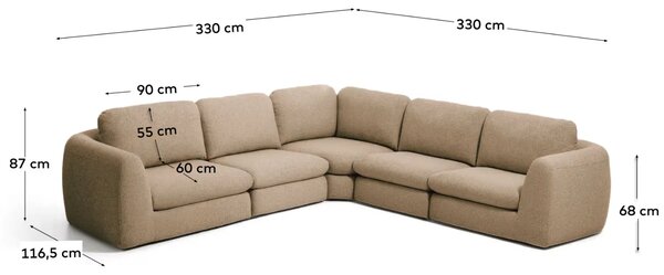 Kave Home Hnědá čalouněná rohová pohovka Vera 330 cm, levá, pravá