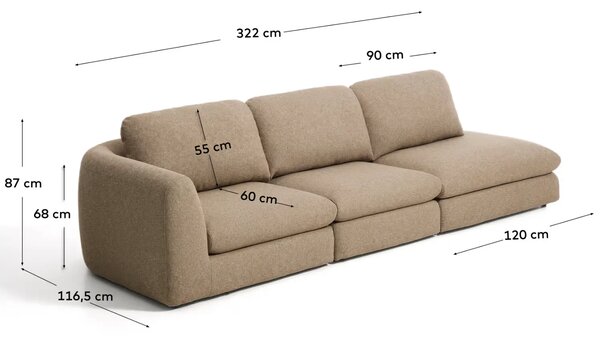 Kave Home Hnědá čalouněná čtyřmístná pohovka Vera 325 cm, pravá