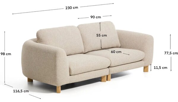Kave Home Béžová třímístná pohovka Vera 230 cm s dubovou podnoží