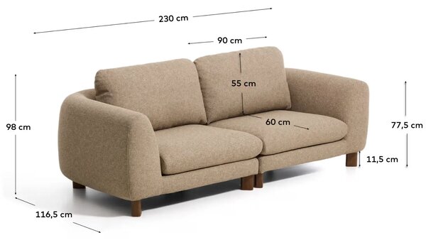 Kave Home Hnědá třímístná pohovka Vera 230 cm s ořechovou podnoží