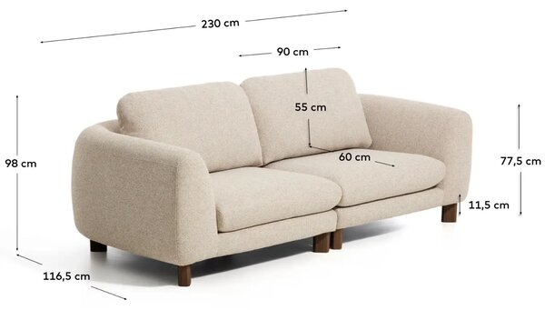 Kave Home Béžová třímístná pohovka Vera 230 cm s ořechovou podnoží