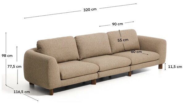 Kave Home Hnědá třímístná pohovka Vera 320 cm s ořechovou podnoží