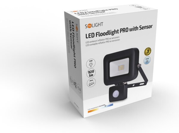 Solight LED reflektor PRO se senzorem, 10W, 920lm, 5000K, IP44 WM-10WS-L