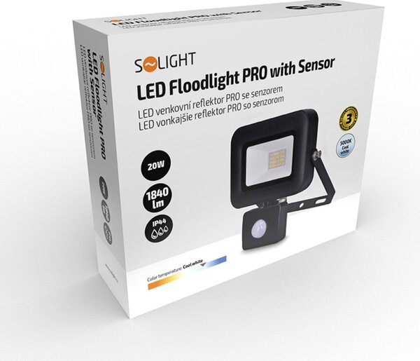 Solight LED reflektor PRO se senzorem, 20W, 1840lm, 5000K, IP44 WM-20WS-L