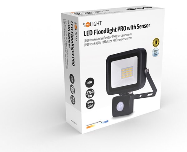 Solight LED reflektor PRO se senzorem, 30W, 2760lm, 5000K, IP44 WM-30WS-L